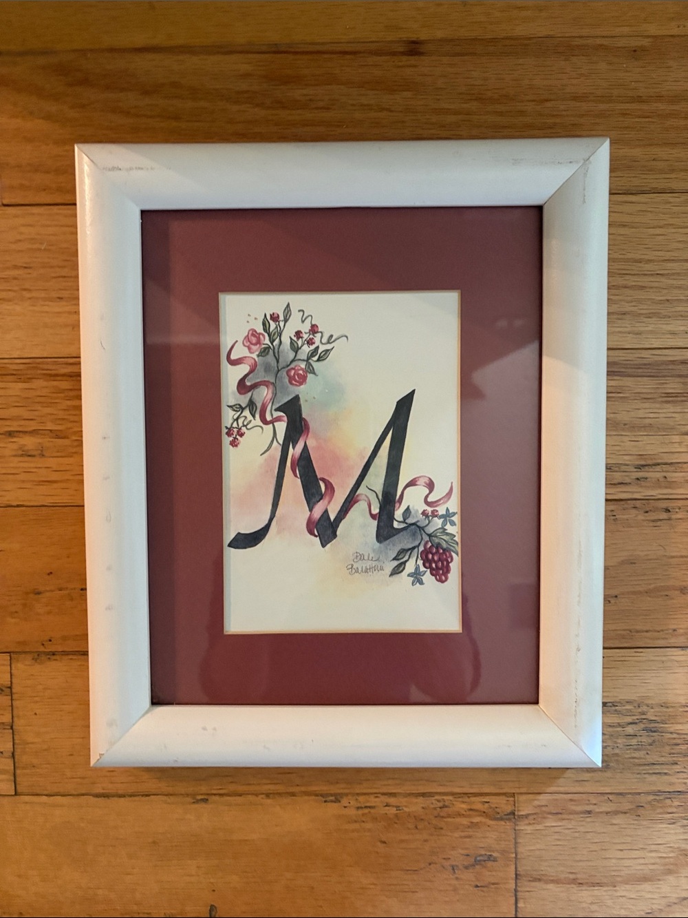 White Framed Floral Monogram Wall Art - Burgundy Mat “M”